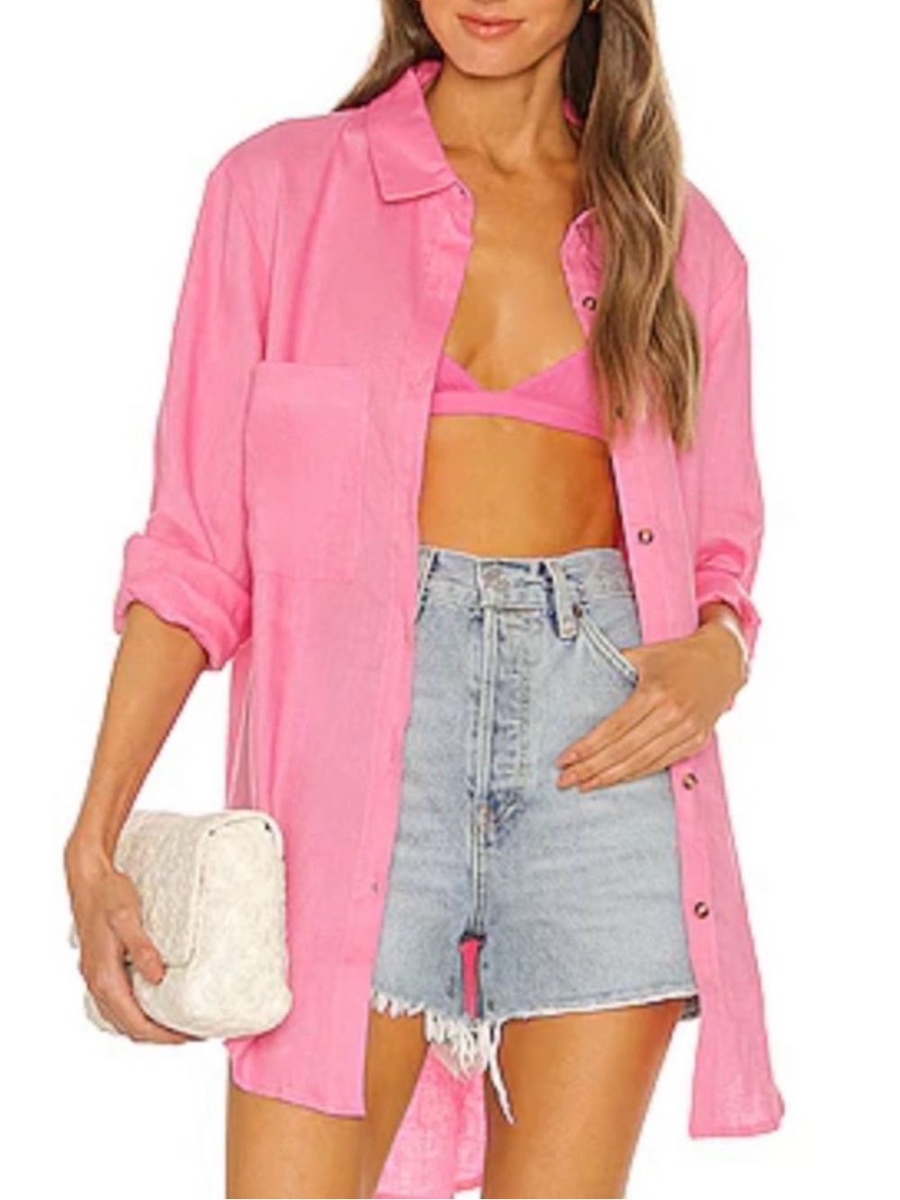 Revolve SNDYS Everyday Linen Blend Button Up Long Sleeve Tunic Hot Pink-XS